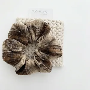 British style plaid fabric scrunchie with vintage brown tartan pattern for women hair