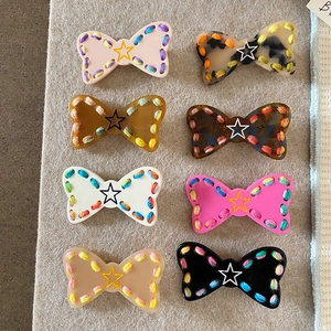Korean Cute Yarn Bowknot Hair Clips For Kids Colorful Hand Stitched Star Pattern Acetate Bow Hairpins Autumn Winter Hair Accessories