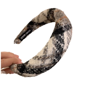 French vintage thick plaid headband with black and white tweed fabric and handmade label