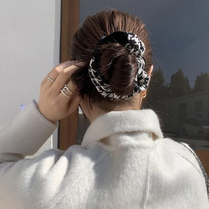 Classic houndstooth oversized scrunchie in black and white velvet fabric for women