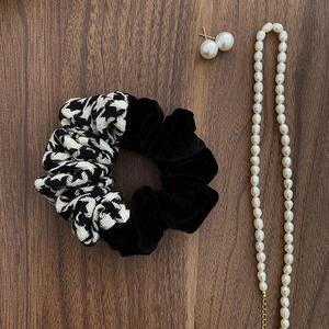 Houndstooth and black velvet patchwork scrunchie for vintage elegant hairstyles