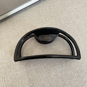 French retro black acetate large half-round hair claw clip with gold handmade logo