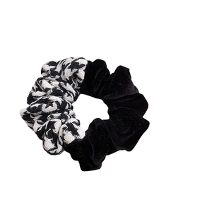 Vintage houndstooth and black velvet scrunchie for hair styling in French retro style