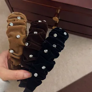 French Vintage Pleated Velvet Rhinestone Headband Wide Brim Fashion Hair Accessory For Women Autumn Winter Hair Hoop