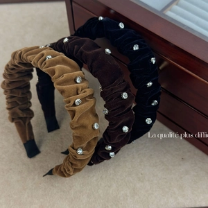 French vintage velvet pleated headband with rhinestones in khaki, coffee, and black