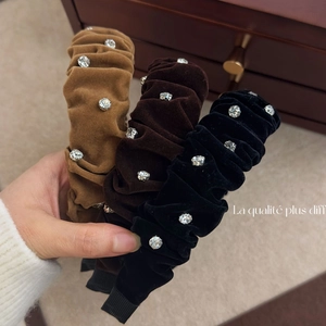 French retro pleated velvet headbands with rhinestones in khaki, brown, and black colors