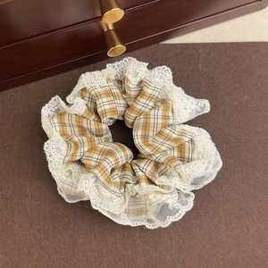 French vintage plaid scrunchie with white lace trim in yellow and brown pattern