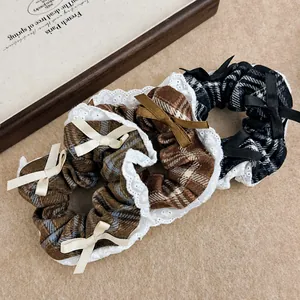 Three-piece vintage plaid hair scrunchies with white lace trim and cute bows