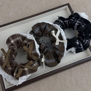 Three-piece vintage plaid hair scrunchies with white lace trim and cute bow details