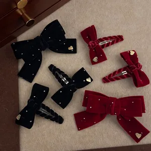 Vintage Samt Schleife Haarklammern Für Mädchen Damen Koreanischer Stil Handgefertigt Burgund Schwarz Schleife Haarnadeln Mit Gold Herz Dekor