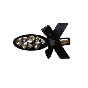 Elegant black bow hair clip with sparkling rhinestones and Love engraving for women