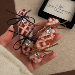 Sweet Plaid Bowknot Heart Rhinestone Hair Clip Tweed Fabric BB Clip Elegant Fringe Hairpin Accessory For Women