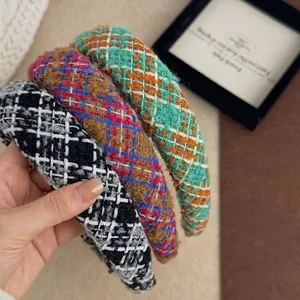 Serre-têtes en tweed vintage à carreaux épais avec motifs tissés pour femmes