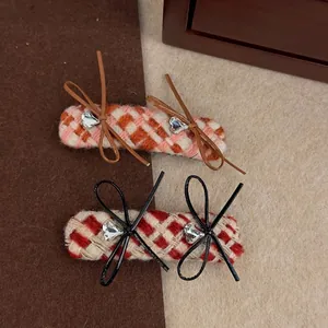 Plaid bow hair clips with heart rhinestones and woven texture for girls and women
