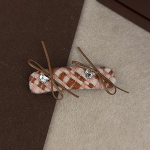 Elegant plaid tweed hair clip with brown leather bows and heart-shaped crystals