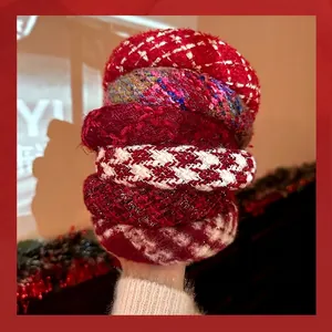 Serre-Tête de Noël Rouge Festif pour Femme Épais Rembourré Tweed Tissé Serre-Tête Rétro à Carreaux Accessoires de Cheveux