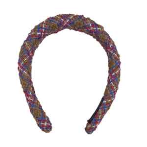 Serre-tête rembourré en tweed avec motif tissé rétro en marron, bleu et rose