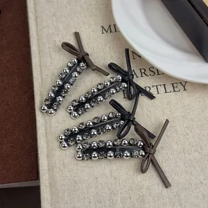 French Style Leather Bowknot Rhinestone Hair Clip Elegant Korean Style Beads Metal Hairpins Women Fashion Hair Accessories