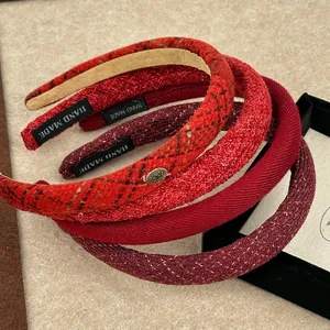 French Vintage Red Plaid Tweed Headband For Women Winter Festive Wide Hair Band Handmade Cotton Polyester Hair Accessories