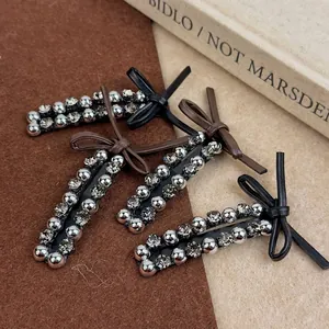 Elegant French leather bow hair clips with rhinestones and silver beads for women