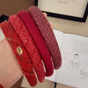 Set of four red plaid and tweed padded headbands with vintage gold metal accents