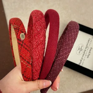 French vintage red plaid and tweed headband set for women with golden label accents