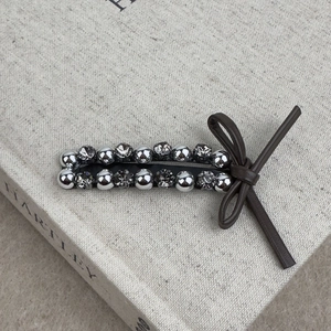 French leather bow hair clip with sparkling rhinestones and silver beads for women