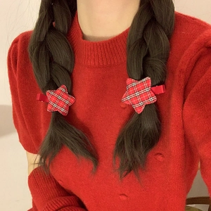 Red Plaid Star Hair Clip Fabric Checkered Star Hairpin Vintage Side Clip Women Girls Christmas New Year Party Accessory