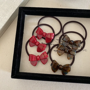 6-piece set of red and leopard resin bow hair ties with elastic rubber bands