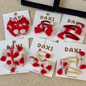 Red White Plush Bow Hair Clips For Kids Women New Year Festive Hair Pins Handmade Rhinestone Heart Pom Pom Hair Accessories