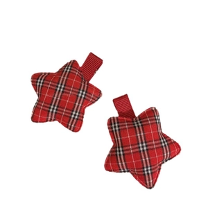 Pair of red and black checkered star hair clips with festive plaid fabric and ribbon