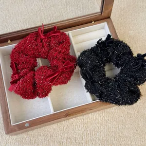 French tweed scrunchie set with velvet bows in burgundy and black with silver glitter