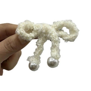 Handmade cream knitted bow hairclip with faux pearl drops for women sweet hair accessory