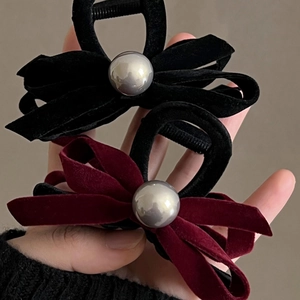 Elegant black and burgundy velvet bow hair ties with large silver metallic beads