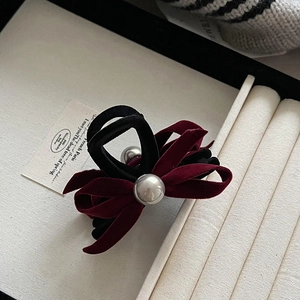 Elegant black and wine red velvet bow hair claw clip with large pearls for women