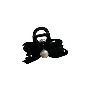Elegant black velvet bow hair claw clip with silver grey faux pearls for women hair accessory