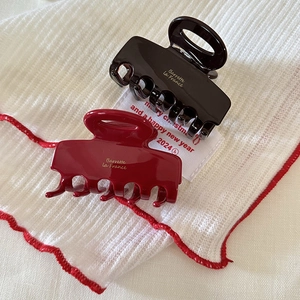 French style square acetate hair clips in burgundy and dark brown with gold lettering