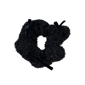 Black tweed scrunchie with silver glitter silk and three velvet bows for women