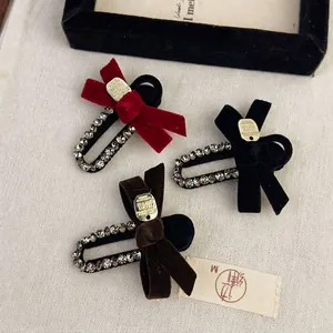 Vintage Velvet Bow Hair Clips Rhinestone Inlaid Duckbill Clips Elegant Retro Hairpins For Women Daily Party Hair Accessories