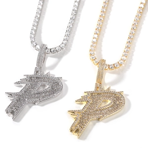 Pendentif lettre P style hip-hop serti de zircons en or et argent avec chaîne tennis luxe