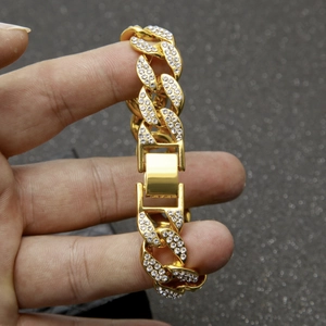 Χοντρό επίχρυσο βραχιόλι Cuban Link 15mm με λαμπερά στρας για hip hop εμφάνιση