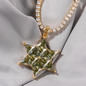 18K gold plated necklace with emerald green hexagram pendant on a tennis chain