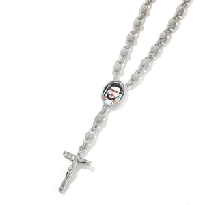Collana personalizzata hip hop con ciondolo a croce e cornice per foto in argento