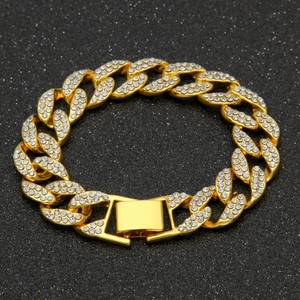 Hip hop 15mm χρυσό βραχιόλι Cuban link με πλήρη επένδυση από λαμπερά κρύσταλλα