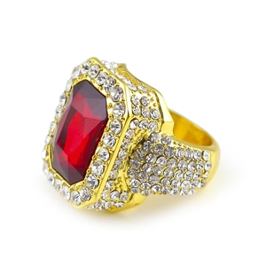 Close-up of hip hop square ring with large red gemstone and pavé white crystals