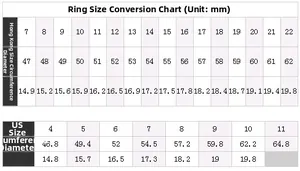 Comprehensive ring size chart showing US and HK sizes with diameter and circumference