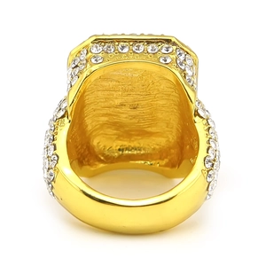 Macro detail of chunky gold hip-hop ring with dense square-set white rhinestones