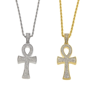Pendentif Ankh égyptien Clé de Vie avec cristaux pavés en tons doré et argenté