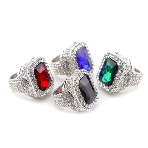 Men's hip hop square gemstone rings set with micro paved diamonds and gold plating
