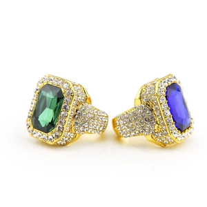 Hip-hop gold plated square ring for men featuring emerald cut stones and pave set zircons
